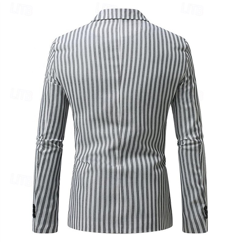 Men's Graduation Blazer Business Cocktail Party Wedding Party Fashion Casual Summer Spring Polyester Stripes Pocket Buttons Comfortable Single Breasted Blazer Dark Gray Light Grey3