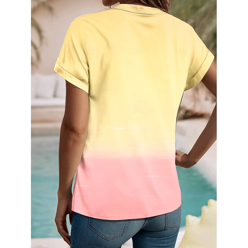Women's Shirt V Neck Button Down Blouse Summer Tops Ombre Graphic Tree Tropical Daily Hawaiian Short Sleeve Shirt Collar Regular Tops Daily Buttons Print Yellow Summer2