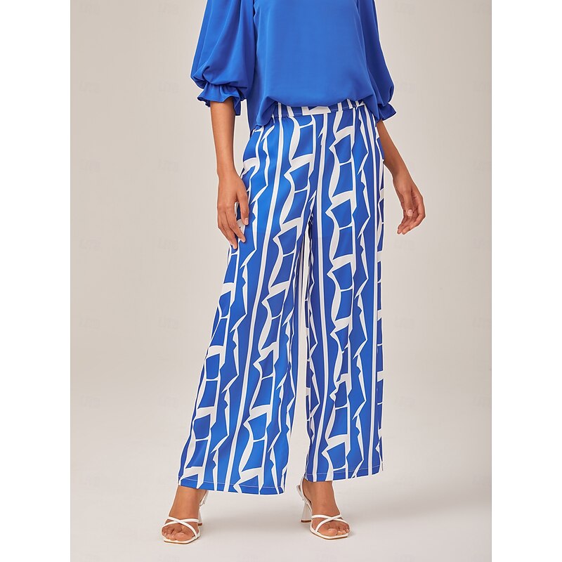 Ruched Waist Blue Printed Straight-Leg Pants