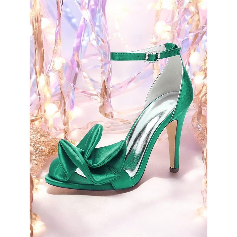 Women's Green Satin Peep-Toe High Heel Sandals – Elegant Bridal Shoes for Weddings and Special Events