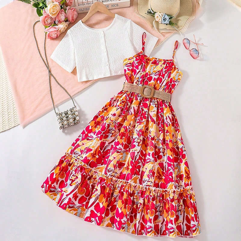 2 Pieces Kids Girls' Cartoon Dress Suits Set Short Sleeve Daily School 7-13 Years Summer Red