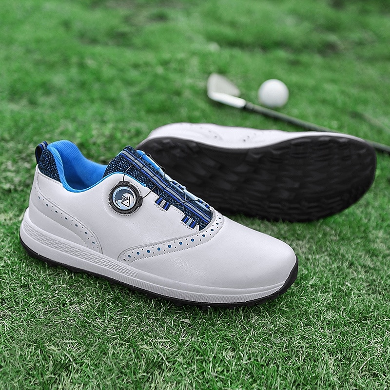 Men's Modern White Golf Shoes with Blue Detailing, Lace-Up Design, Breathable Upper, Perfect for Professional Golfers4