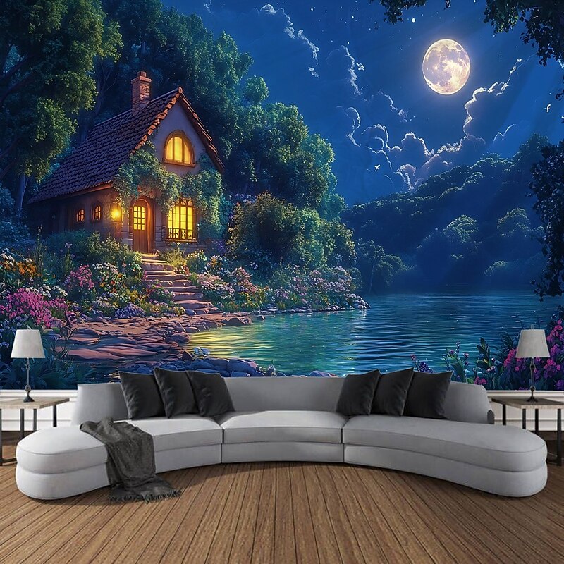 Outdoor House Moon Plant Landscape  Hanging Tapestry Wall Art Large Tapestry Mural Decor Photograph Backdrop Blanket Curtain Home Bedroom Living Room Decoration2