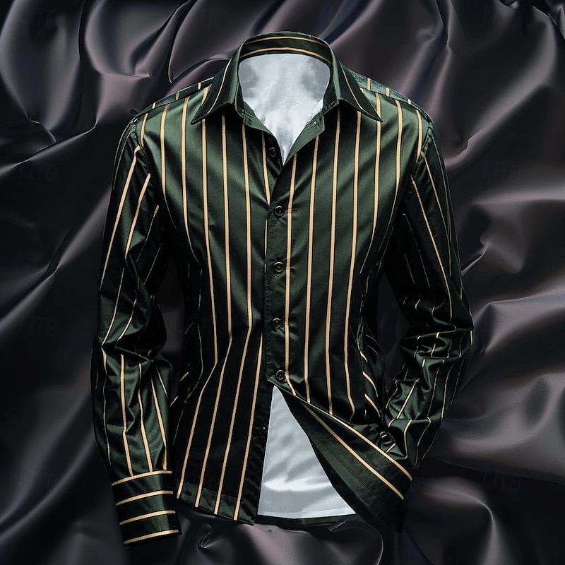 Men's Shirt Satin Shirt Casual Shirt Striped Shirt Button Up Shirt Striped Wedding Vacation Black Navy Blue Green Long Sleeve Collar Spring &  Fall Clothing Apparel3