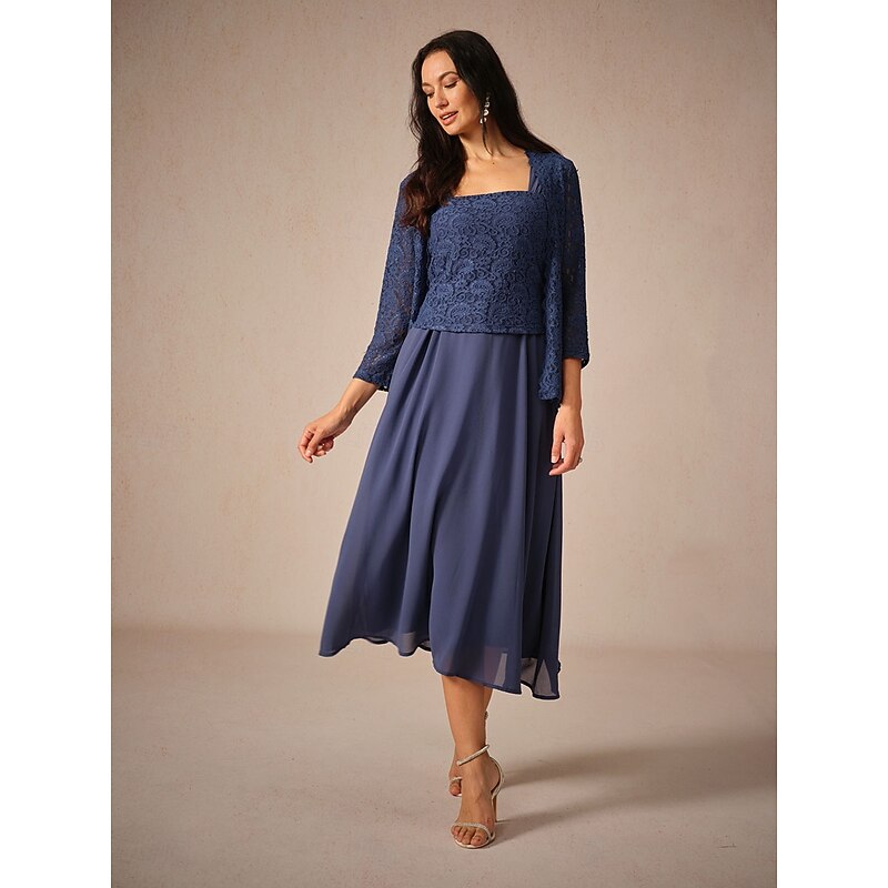 Women's Tea Length A Line Dress Dress With Jacket Elegant Semi Formal Wedding Guest Regular Fit Solid Color 3/4 Length Sleeve Square Neck Navy Blue Summer Spring Fall