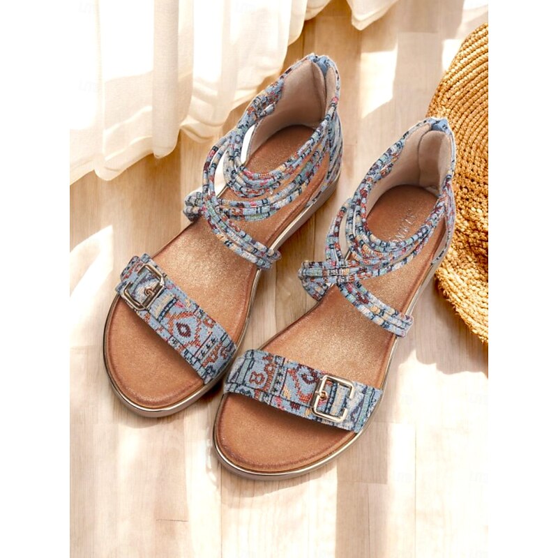 Women's Bohemian Strappy Flat Sandals – Ethnic Print Ankle Wrap Gladiator Sandals with Buckle for Summer, Beach & Casual Outfits