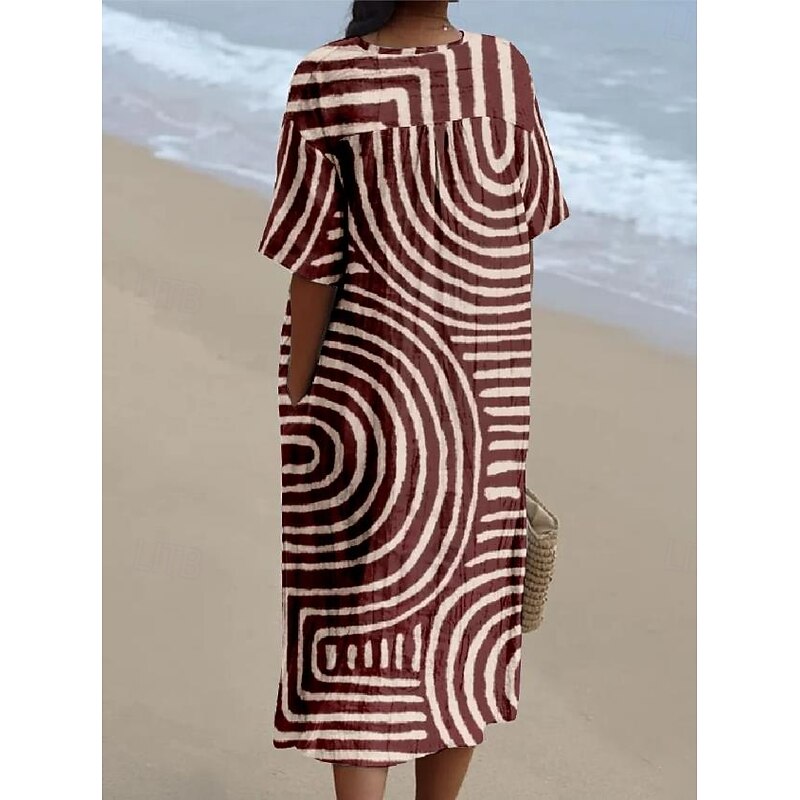 Women's Midi Dress Sundress A Line Dress Vacation Casual Beach linen like Going out Loose Fit Short Sleeve V Neck claret Orange off-white Dark Gray4