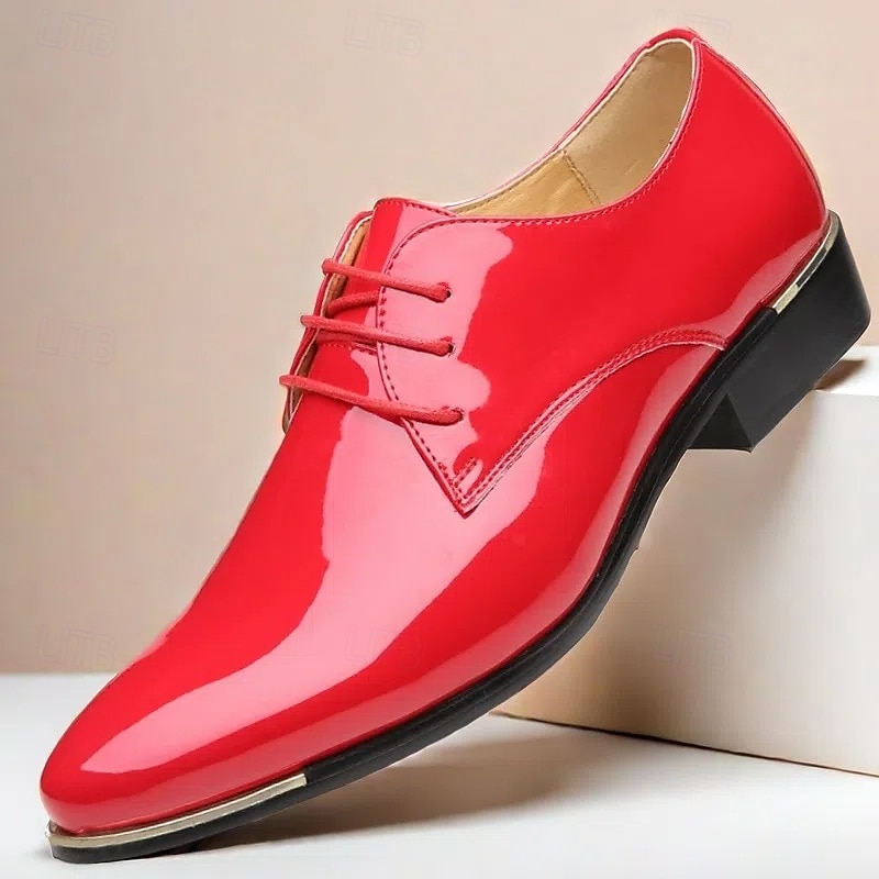 Men's Prom Shoes Vibrant Red Patent Leather Oxfords with Lace-Up Design for Stylish Formal Events