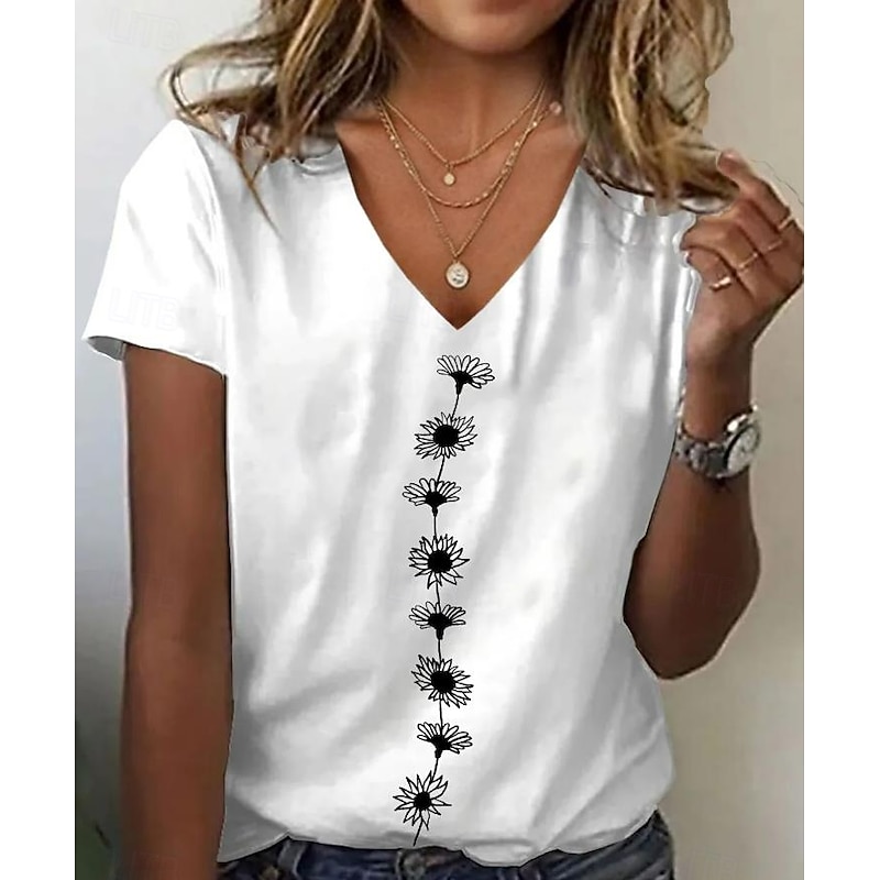 Women's T Shirt Floral Graphic Plants Casual Short Sleeve V Neck Regular Tops Daily Going out Weekend Print White / Black White Pink off-white Summer Spring4