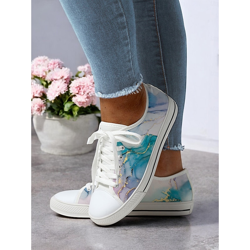 Women's Casual Canvas Sneakers - Stylish Watercolor Marble Print, Lace-Up Low-Top Tennis Shoes for Everyday Wear, Walking & Travel