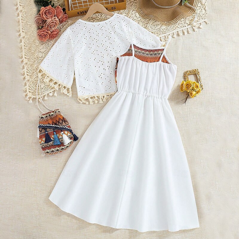 2 Pieces Kids Girls' Color Block Dress Suits Set Sleeveless Fashion School 7-13 Years Summer White2