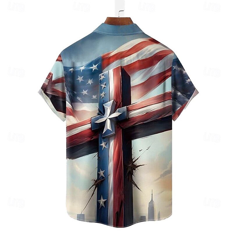 Easter Men's Templar Cross American US Flag Shirt Casual Shirt Button Up Shirt Short Sleeve Vintage Retro Vacation Holiday Festival Summer Spring Turndown 3D Print Collared Shirts Front One Pocket2