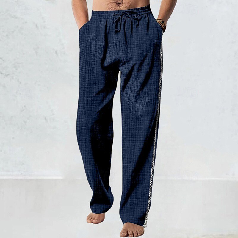 Men's Linen Pants Trousers Summer Pants Beach Pants Drawstring Elastic Waist Straight Leg Plain Comfort Breathable Full Length Casual Daily Holiday Fashion Classic Style White Navy Blue4