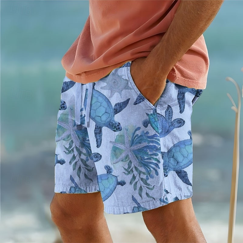 Men's Turtles Sea Creatures Cotton Linen Shorts Shorts Mid Waist Hawaiian Vacation Dailywear Holiday Drawstring Pocket Elastic Waist Designer Clothing Apparel3