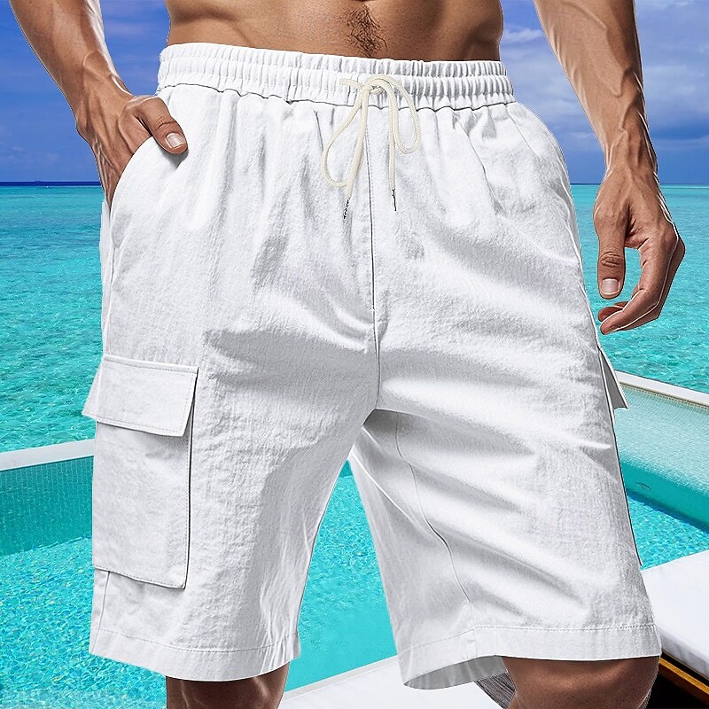 Men's Shorts Linen Shorts Summer Shorts Beach Shorts Drawstring Elastic Waist Multi Pocket Plain Comfort Breathable Short Vacation Holiday Beach Hawaiian Boho Black White