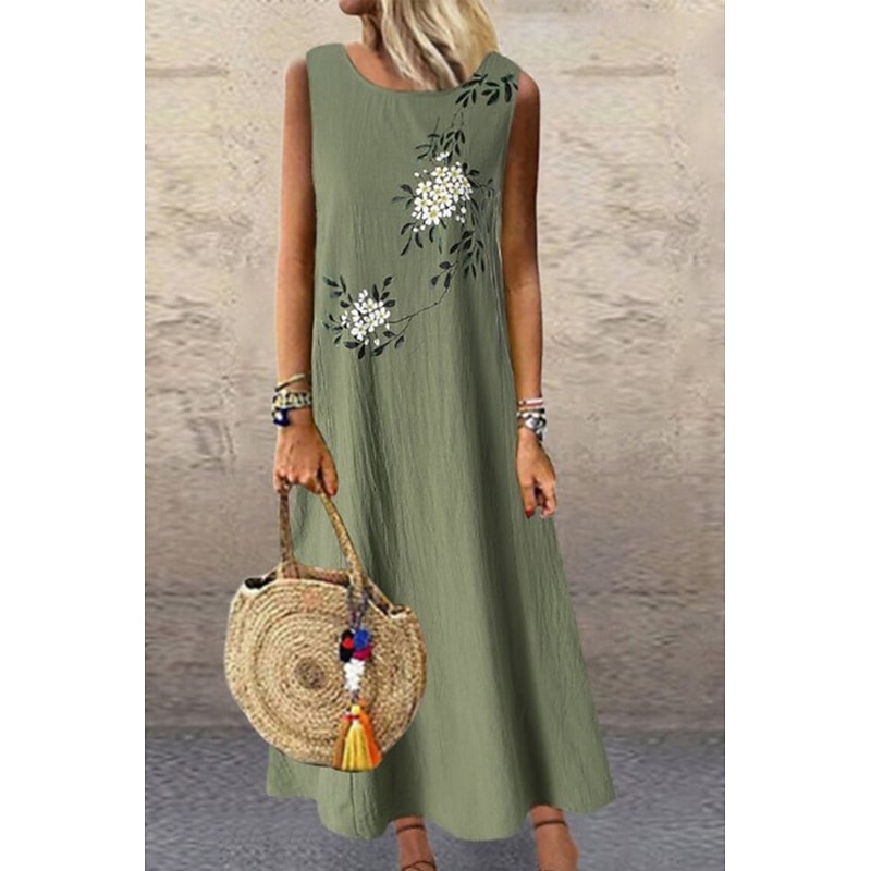 Women's Midi Dress Cotton Linen Dress Basic Classic Daily Holiday Weekend Regular Fit Flower Sleeveless Crew Neck Green Summer