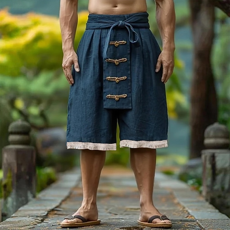 Men's Capri Pants Shorts Linen Shorts Summer Shorts Front Pocket Pleats Straight Leg Plain Comfort Breathable Calf-Length Outdoor Vacation Party Fashion Basic Navy Blue