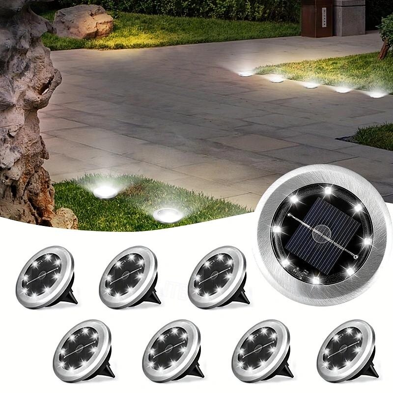 8 Pcs Solar Ground Spotlight Geometric Light, Stainless Steel Warm Light/White Light Outdoor Landscape Light, 8LED Rotating Disc Light, Garden Landscape Lawn Lighting Light, Floor Lamp, Ground Light,2