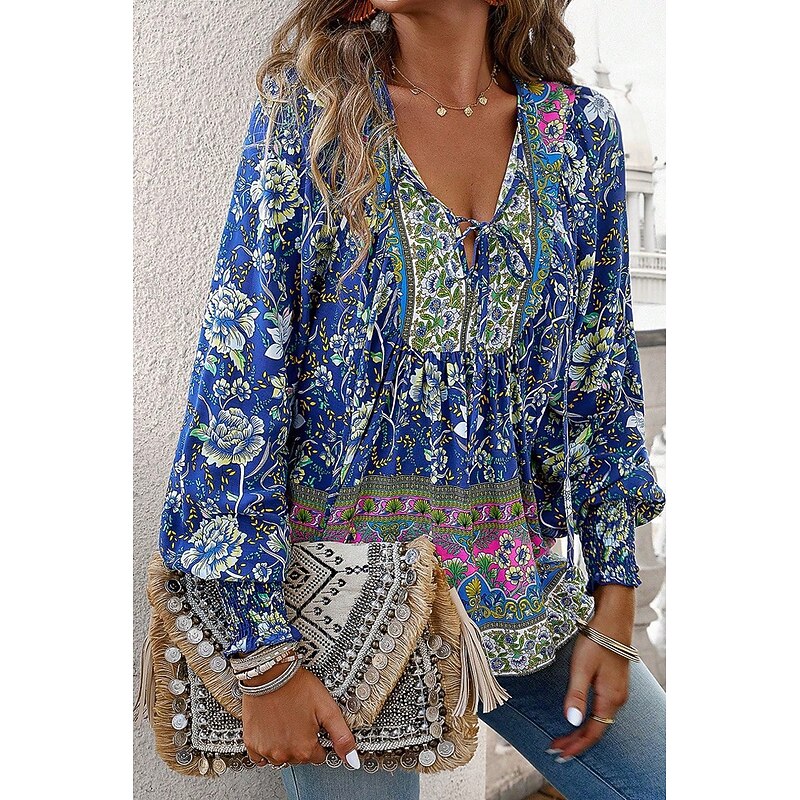 Women's Shirt Blouse Flower Daily Stylish Casual Long Sleeve V Neck Regular Tops Daily Holiday Print Pink Navy Blue Blue Apricot Spring