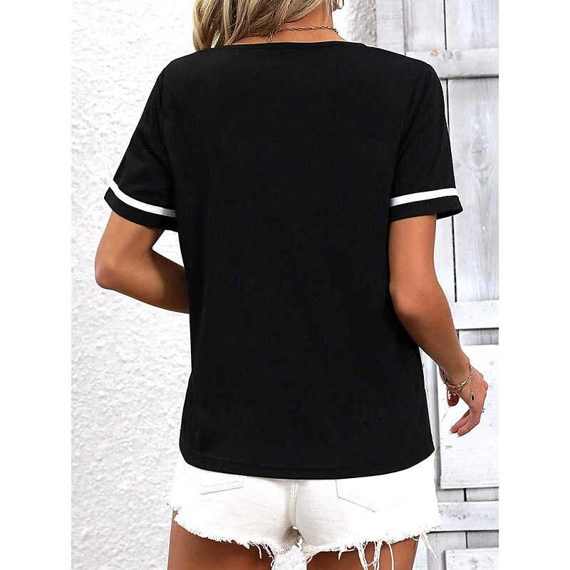 Women's T Shirt Color Block Striped Casual Short Sleeve V Neck Regular Tops Daily Weekend Print Black and White Summer2