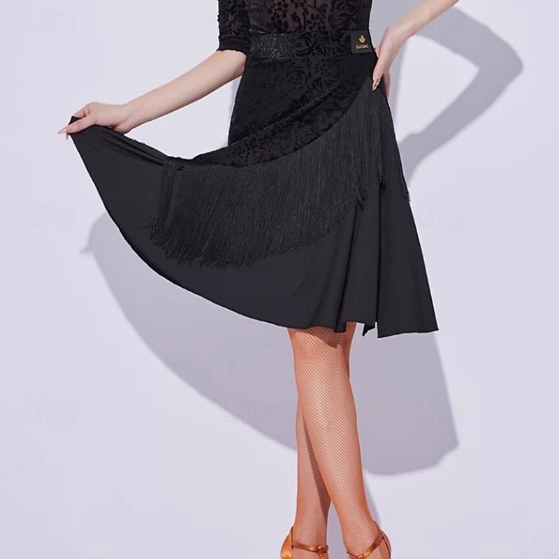 Latin Dance Skirts Tassel Splicing Women's Performance Training Velvet Milk Fiber4