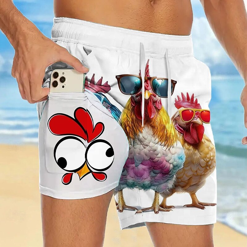 Men's Chick Funny Lined Shorts 2 in 1 Board Shorts Swim Shorts Mid Waist Hawaiian Vacation Holiday Beach Wear Side Pockets With Compression Liner Elastic Drawstring Waist Designer Clothing Apparel