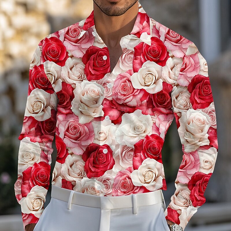 Kentucky Derby Men's Floral Print Rose Flowers Satin Shirt Dress Shirt Button Up Shirt Long Sleeve Fashion Casual Wedding Vacation Evening Party Summer Spring Turndown Collared Shirts 3D Print Funny