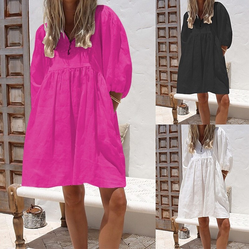 Women's Mini Dress Cotton Linen Dresses Cotton Linen Dress Fashion Classic Puff Sleeve Outdoor Daily Holiday Regular Fit Plain Long Sleeve V Neck Black White Rose Red Summer