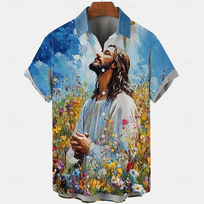 Easter Men's Floral Print Jesus Flowers Shirt Casual Shirt Button Up Shirt Short Sleeve Vintage Retro Vacation Holiday Festival Summer Spring Turndown 3D Print Collared Shirts Blue Light Blue2