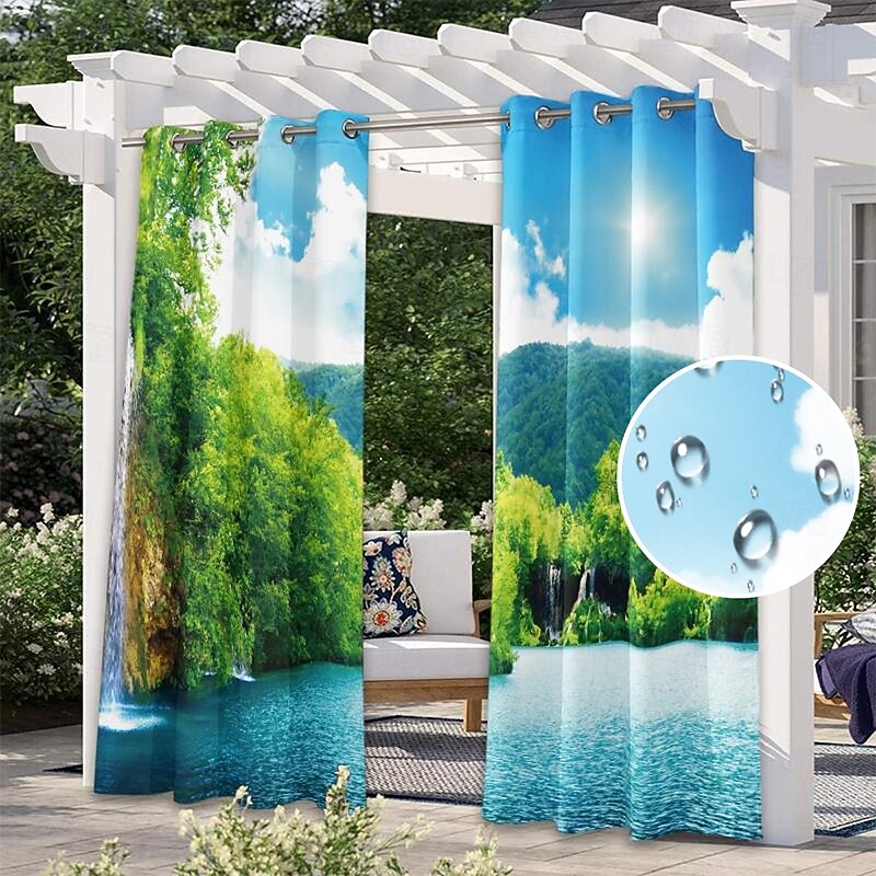 Outdoor Curtains for Patio Waterproof Blackout Outside Deck for Gazebo Pavilion Pergola Arbor Sun Room, 2 Panels, Waterfall River