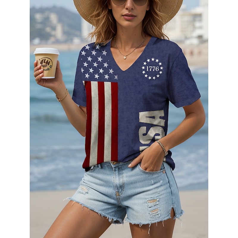 Independence Day Women's T Shirt Graphic Flag Letter Casual Short Sleeve V Neck Regular Tops Daily Print Black Blue Brown Summer Spring
