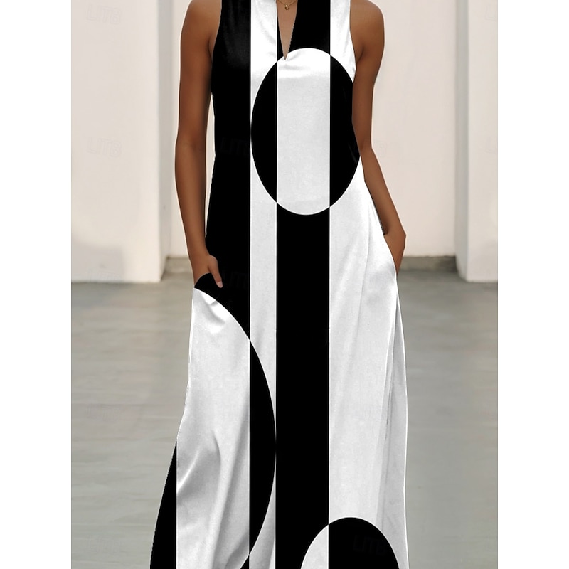 Women's Maxi Dress A Line Dress Casual Vacation Daily Loose Fit Geometric Sleeveless Notched Neck Black Summer3