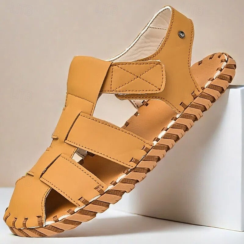 Men's Tan Faux Leather Open-Toe Outdoor Sandals with Adjustable Straps and Comfortable Sole for Summer Activities