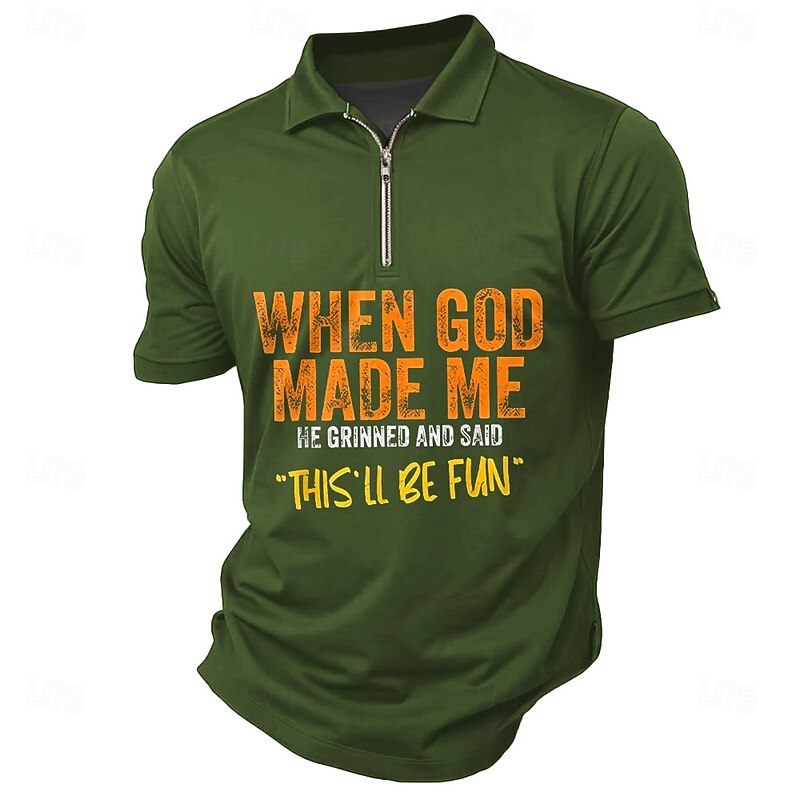 Men's Text Zip Polo Shirts Short Sleeve Polo Shirts Collared Shirts Casual Outdoor Athleisure 3D Print Summer Black Dark Green Dark Blue3