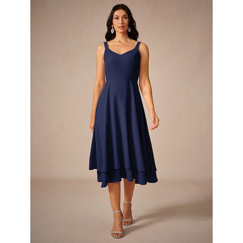 Women's Midi Dress Chiffon Dress Elegant Flowy Wedding Guest Date Regular Fit Solid Color Sleeveless Square Neck Navy Blue Summer3