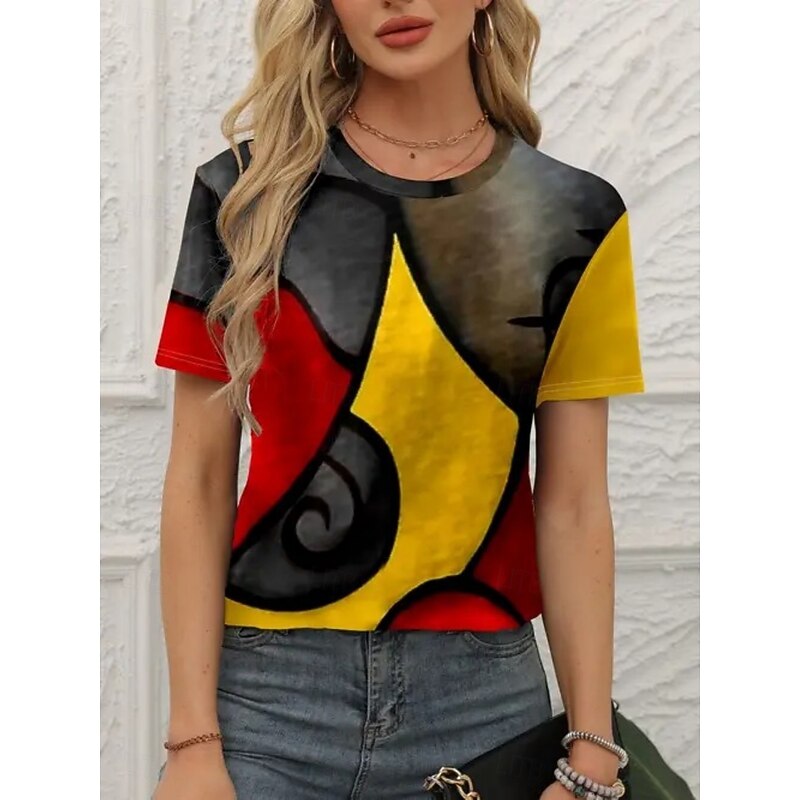 Women's T Shirt Abstract Fashion Modern Short Sleeve Crew Neck Regular Tops Daily Print Brown Gray Summer
