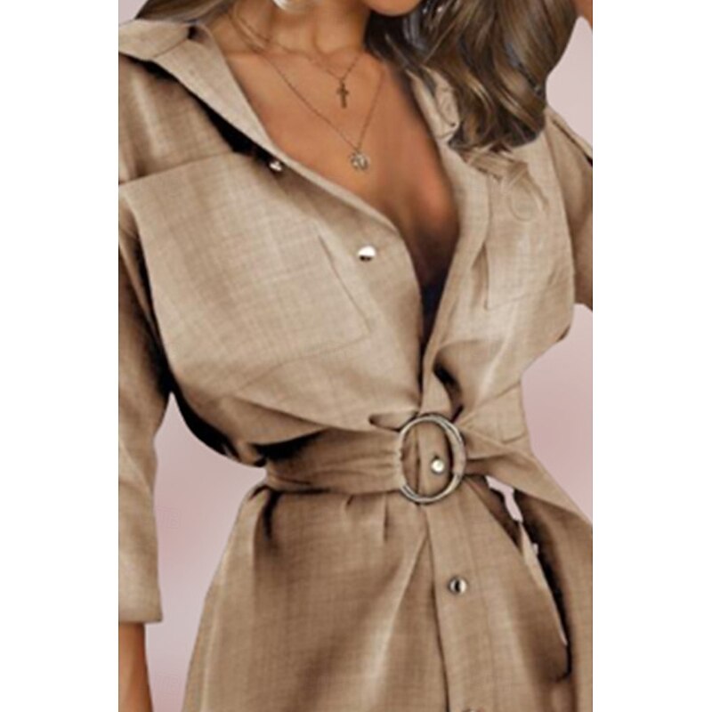 Women's Mini Dress Petite Dress Shirt Dress Cotton Linen Dress Fashion Holiday Date Weekend Regular Fit Plain Long Sleeve Shirt Collar White Khaki Summer4