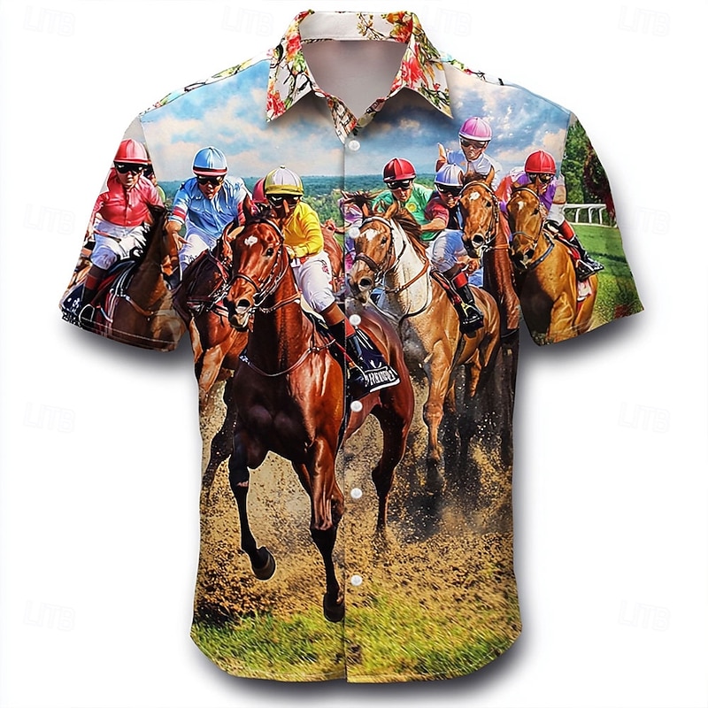Kentucky Derby Men's Horse Racing Shirt Button Up Shirt Short Sleeve Vintage Retro Vacation Holiday Festival Summer Spring Turndown 3D Print Funny Kentucky Derby Shirts Blue