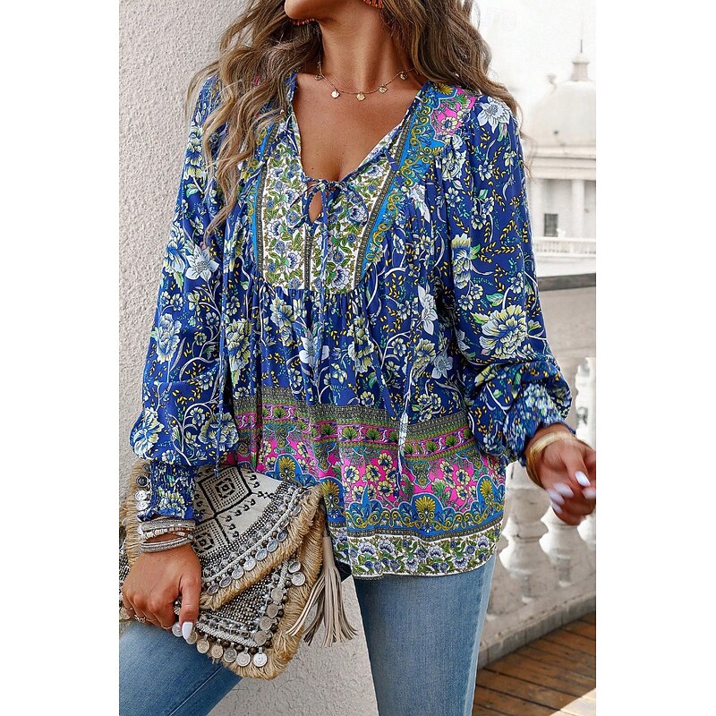 Women's Shirt Blouse Flower Daily Stylish Casual Long Sleeve V Neck Regular Tops Daily Holiday Print Pink Navy Blue Blue Apricot Spring2