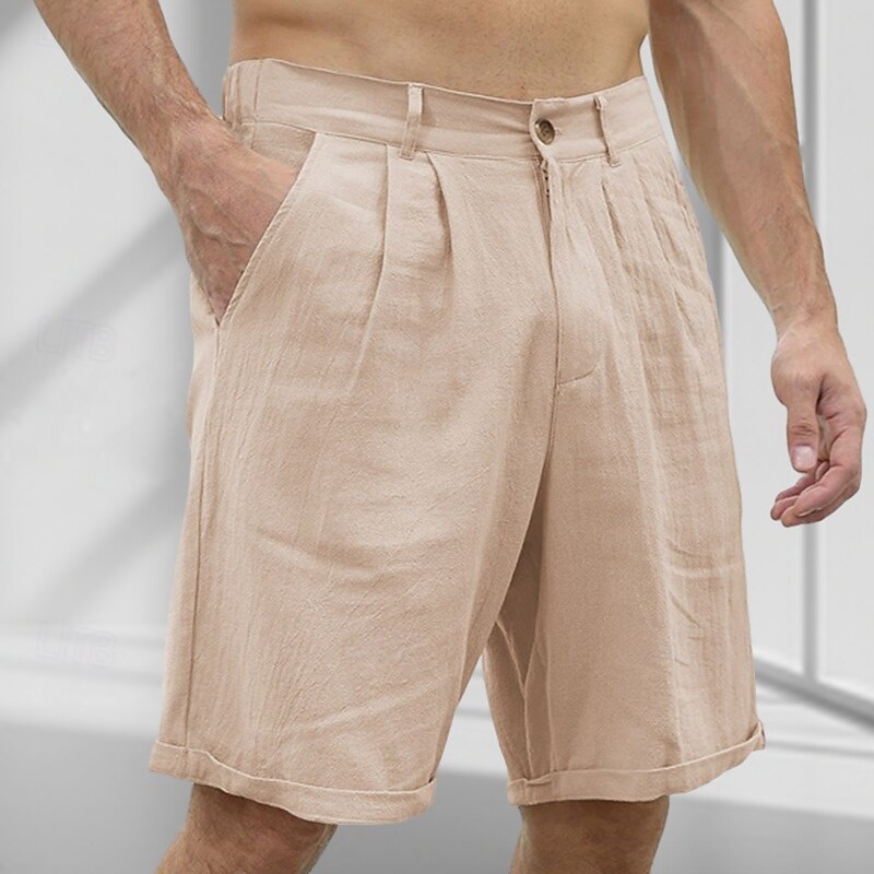 Men's Shorts Linen Shorts Dress Shorts Summer Shorts Beach Shorts Pleated Straight Leg Plain Breathable Soft Knee Length Business Daily Holiday Fashion Streetwear Black White Inelastic4