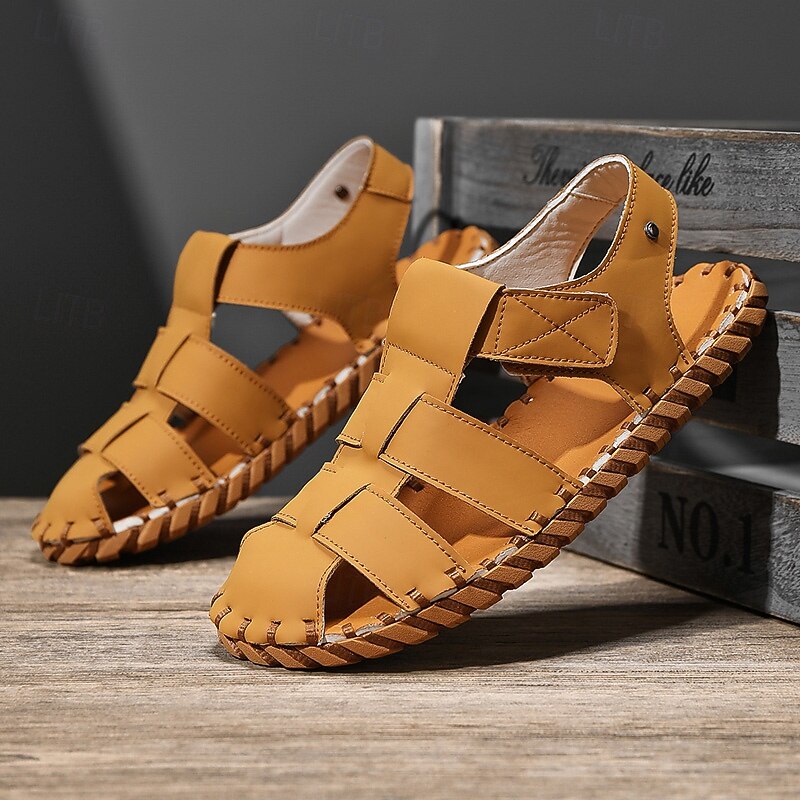 Men's Tan Faux Leather Open-Toe Outdoor Sandals with Adjustable Straps and Comfortable Sole for Summer Activities4
