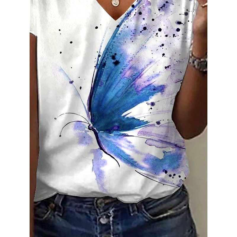 Women's T Shirt Graphic Butterfly Fashion Hawaiian Casual Long Sleeve V Neck Regular Tops Daily Going out Weekend Print Blue Summer Spring3