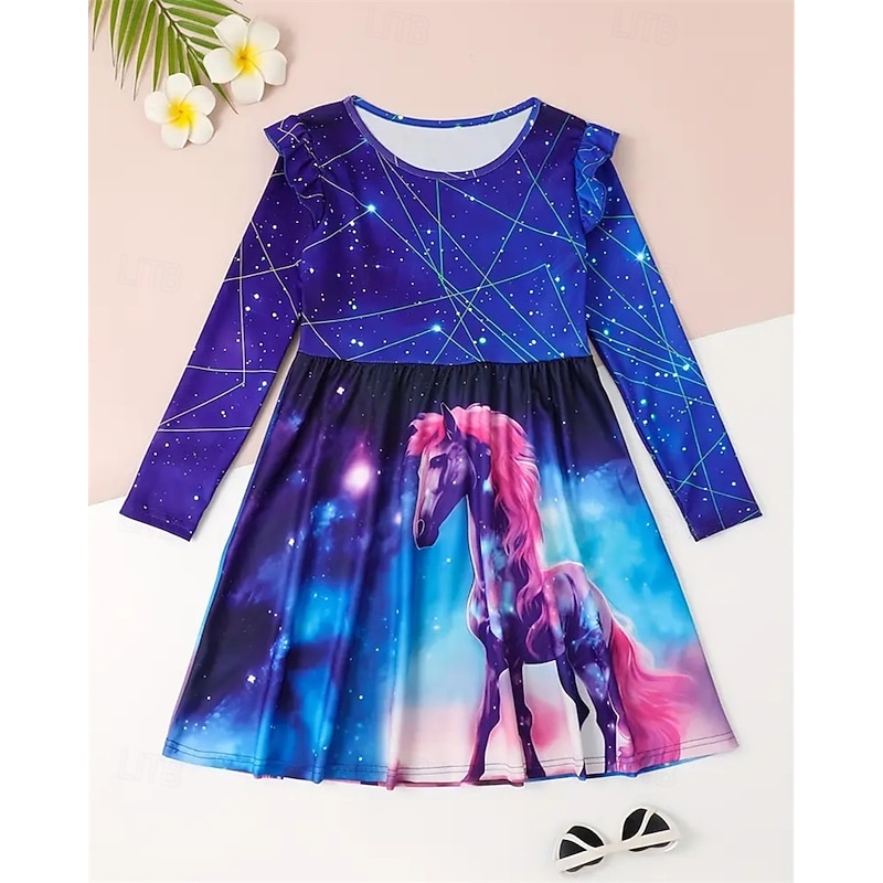 Girls' 3D Horse Dress Ruffle Dress Long Sleeve Summer Spring Vacation Daily Holiday Princess Beautiful Sweet Kids 4-12 Years Casual Dress A Line Dress Knee-length Regular Fit2