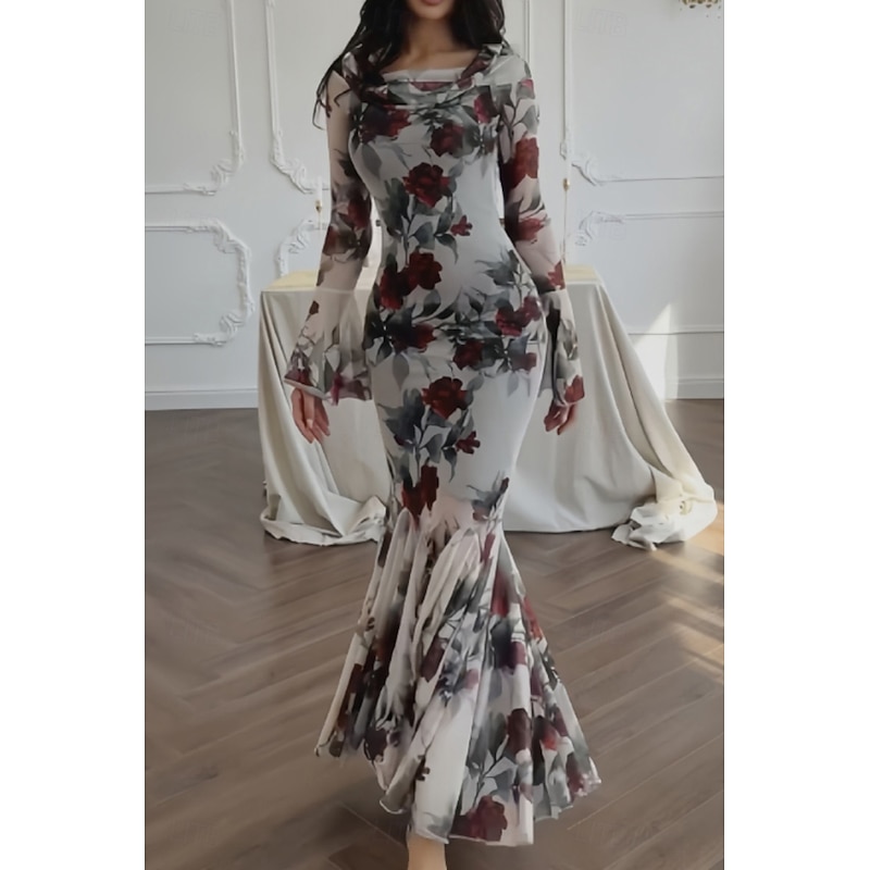 Women's Long Dress Maxi Dress Sheath Dress Floral Dress Print Dress Fashion Elegant Dress Outdoor Holiday Date Regular Fit Flower Long Sleeve Crew Neck Rose Spring