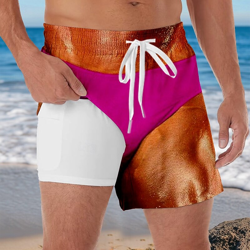 Men's Color Block Funny Costume Lined Shorts 2 in 1 Board Shorts Swim Shorts Mid Waist Hawaiian Vacation Beach Wear Side Pockets With Compression Liner Elastic Drawstring Waist Designer Clothing3