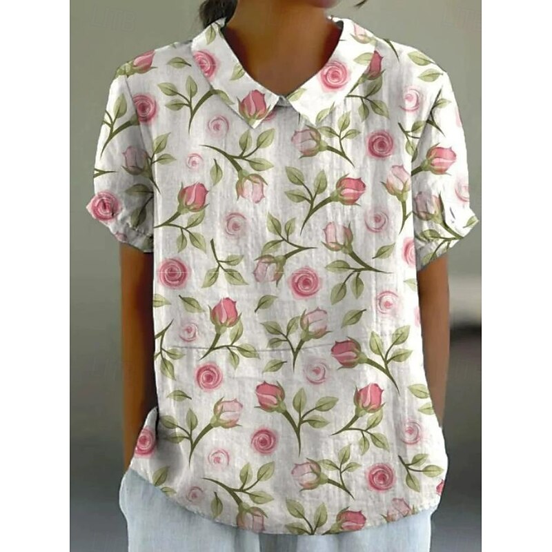 Women's Blouse Floral Elegant Daily Stylish Short Sleeve Shirt Collar Regular Tops Work Daily Holiday White Pink Blue Green Summer3