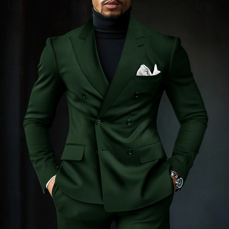 Men's Business Suits Dark Green Formal WorkWear Solid Colored Standard Fit 2 Piece Double Breasted Six-buttons