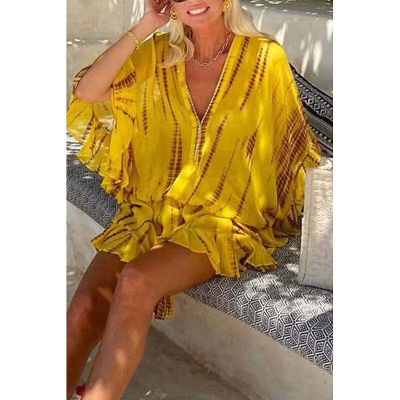 Women's Mini Dress Petite Dress Casual Dress Fashion Batwing Sleeve Outdoor Vacation Daily Regular Fit Tie Dye Long Sleeve V Neck Yellow Summer2