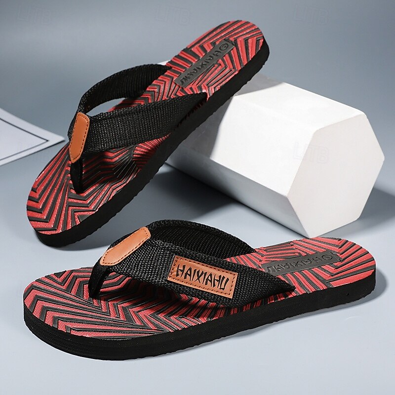 Men's Fashion Flip-Flops - Red and Black Geometric Pattern with Leather Accents - Casual Beachwear4