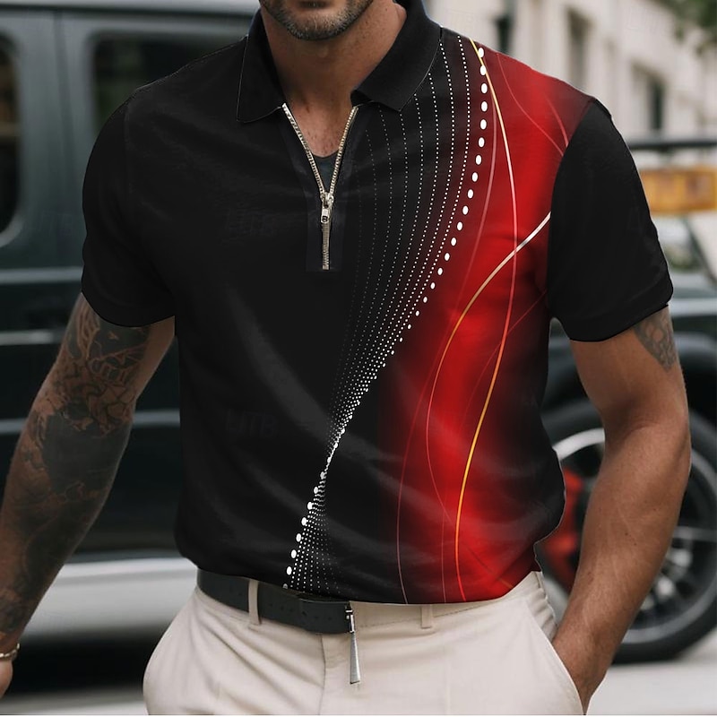 Men's Geometic Line Zip Polo Shirts Short Sleeve Polo Shirts Collared Shirts Business Casual Business Athleisure Wear to work Daily Wear 3D Print Summer Red Blue Purple